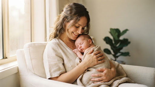 Madre sonriente con su bebé recién nacido en brazos