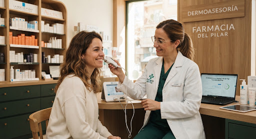 Farmacéutica realizando un dermoanálisis con el analizador de piel a una clienta en Farmacia del Pilar
