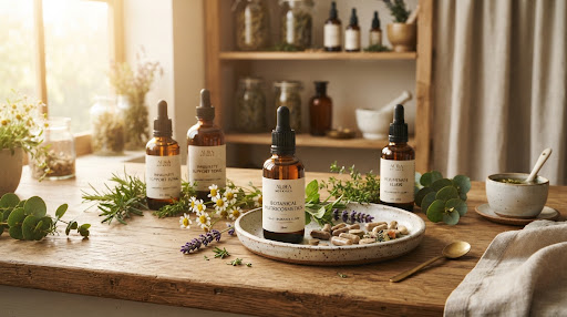 salud natural y nutricosmética Frascos de extractos naturales, hierbas y cápsulas sobre una mesa de madera